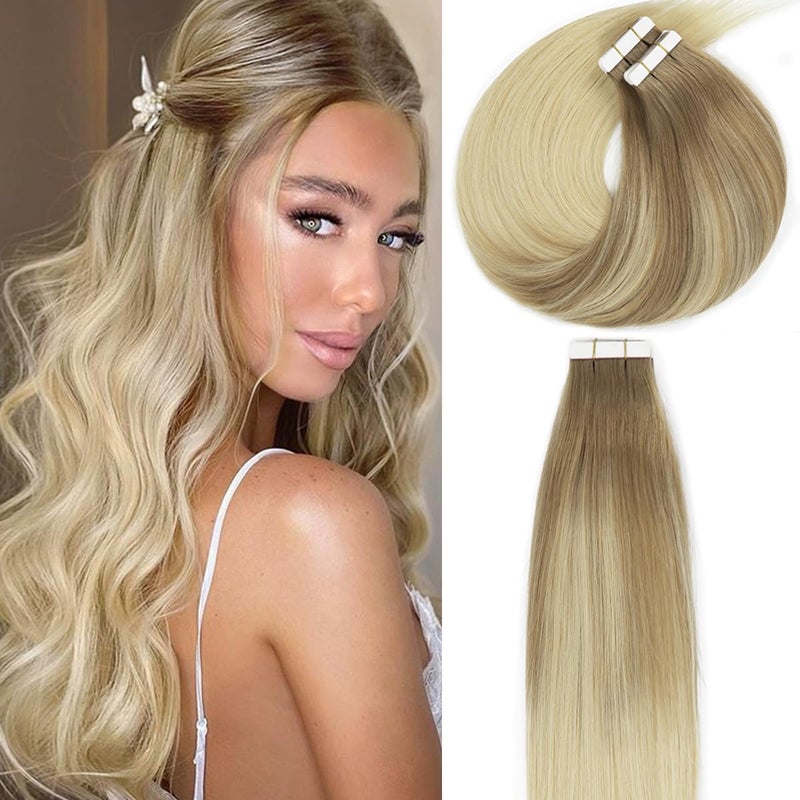 Lacer Hair Extensions Real Human Hair Tape in Balayage Light Brown to Platinum blonde Real Virgin Tape in Hair Extensions Human Hair PU Skin Weft Double Side 50g 20pcsset 16 Inches
