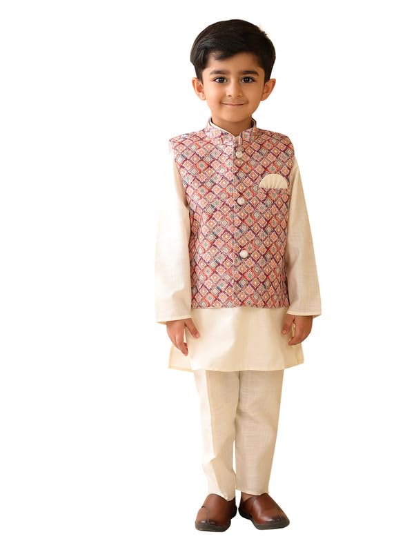 superminis Boys Cotton Printed Gota Work Kurta Pyjama with Jacket Ethnic Wear Set (7-8 Years, Cream) - Image 1