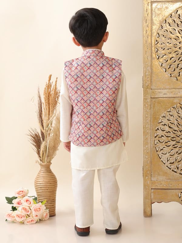 superminis Boys Cotton Printed Gota Work Kurta Pyjama with Jacket Ethnic Wear Set (7-8 Years, Cream) - Image 3