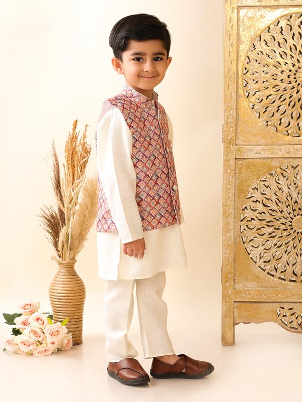 superminis Boys Cotton Printed Gota Work Kurta Pyjama with Jacket Ethnic Wear Set (7-8 Years, Cream) - Image 4
