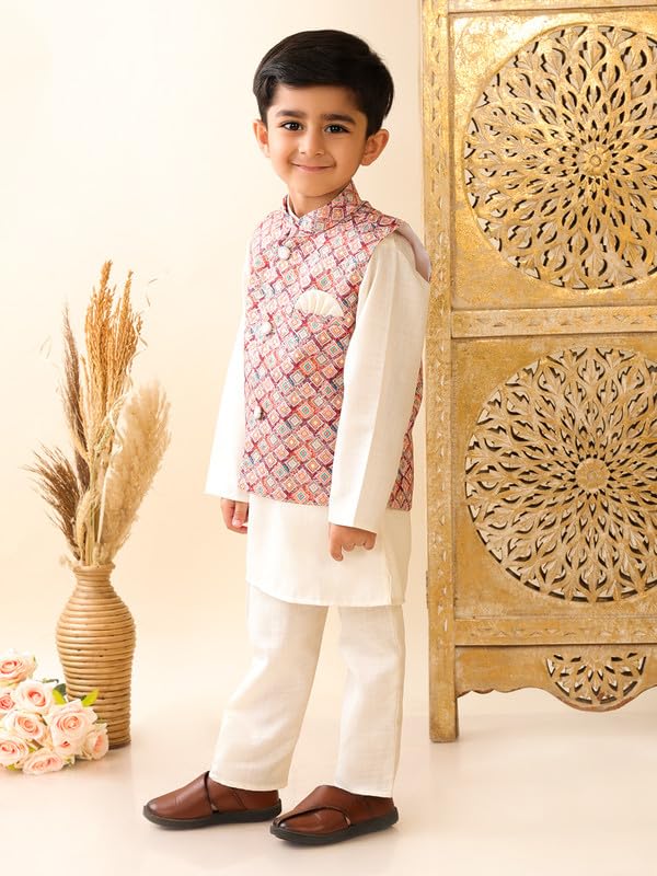 superminis Boys Cotton Printed Gota Work Kurta Pyjama with Jacket Ethnic Wear Set (7-8 Years, Cream) - Image 5
