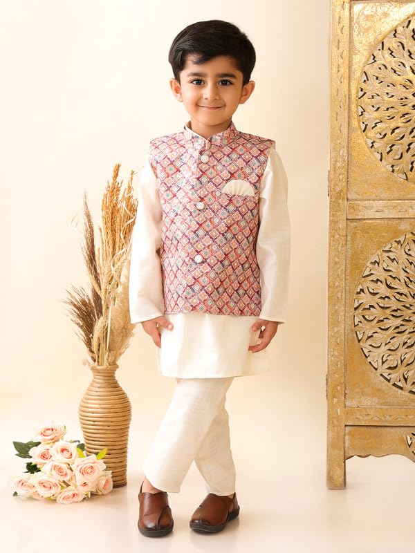 superminis Boys Cotton Printed Gota Work Kurta Pyjama with Jacket Ethnic Wear Set (7-8 Years, Cream) - Image 2
