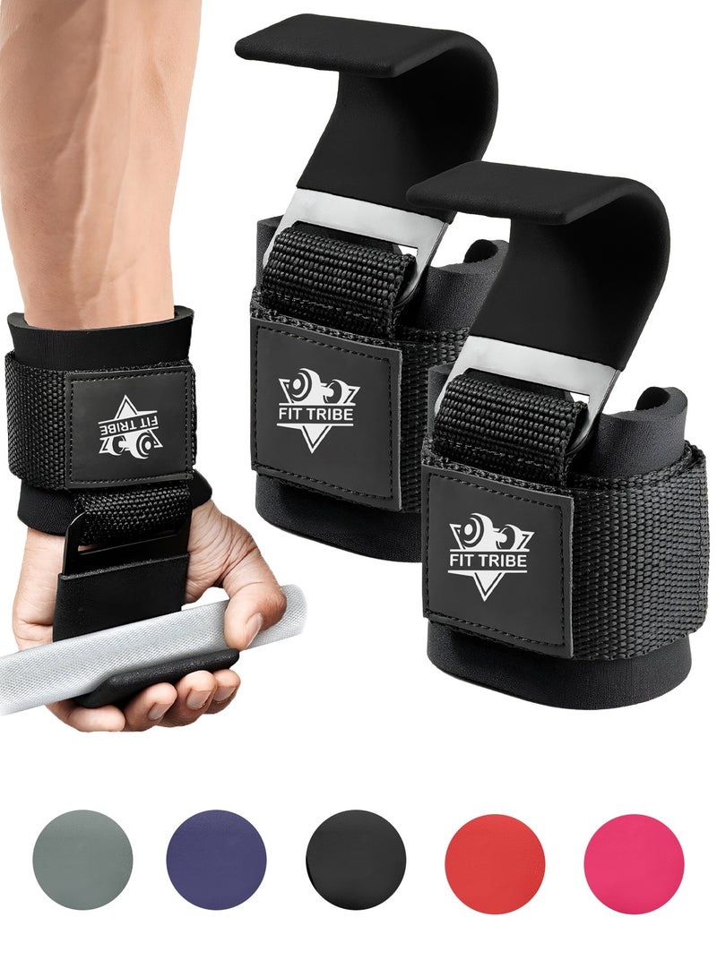 FIT TRIBE Weight Lifting Hooks for Men & Women 2pcs - Heavy Duty Lifting Straps for Deadlifts, Powerlifting, Shrugs, & Rows - Gym Grips with Anti-Slip Pull-Up Hooks (Black) - Image 1