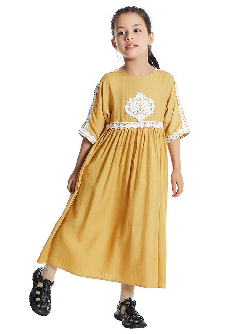 Loquat Girl's Mid Sleeve Maxi Long Dress With Lace Yellow  - Image 1