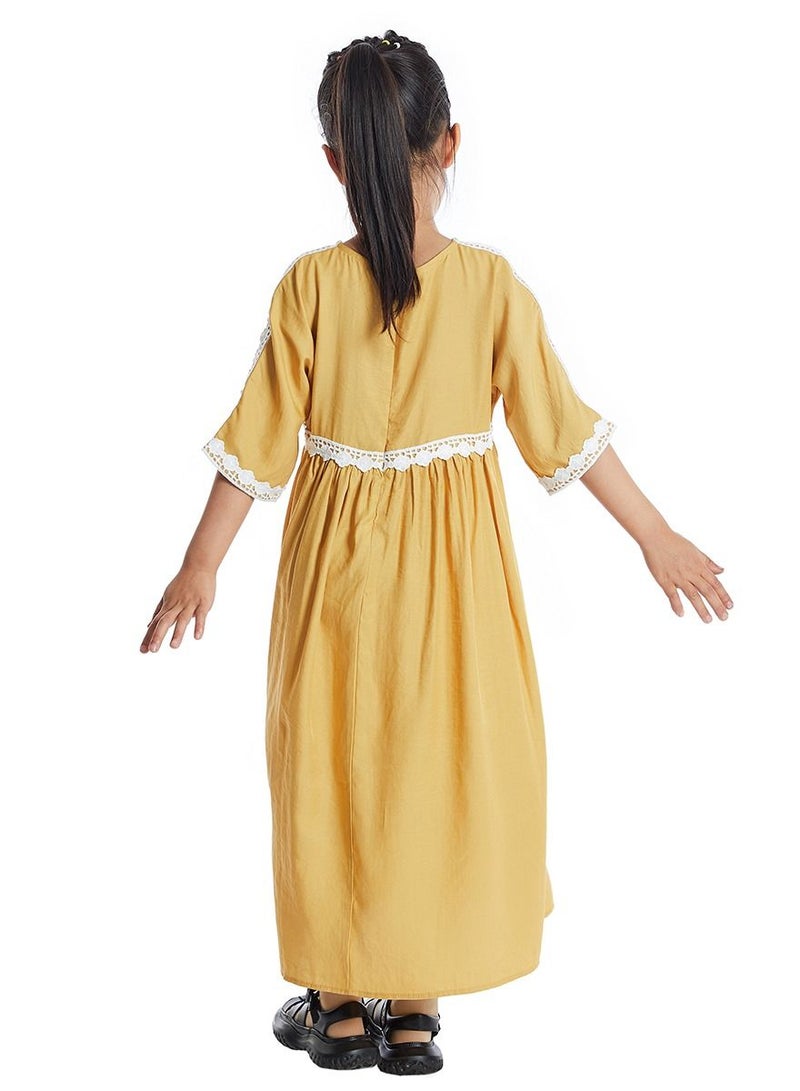 Loquat Girl's Mid Sleeve Maxi Long Dress With Lace Yellow  - Image 2