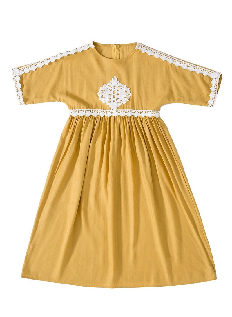 Loquat Girl's Mid Sleeve Maxi Long Dress With Lace Yellow  - Image 3