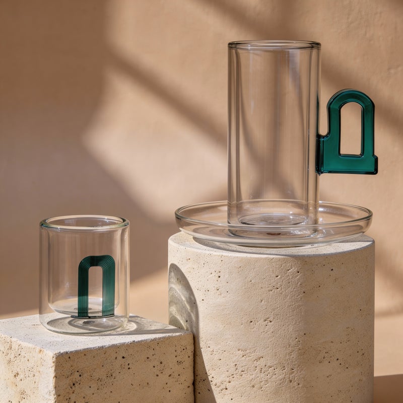 طقم تقديم الشاي والقهوة - كوب مزدوج الجدار مطبوع عليه قوس المسجد مع مقبض مميز وصحن شفاف