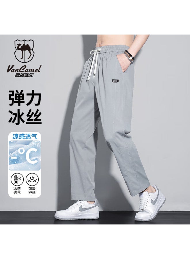 Vancamel Casual Pants For Men, Loose-fitting Youth Sports Versatile Summer Ice Silk Thin Straight-leg Trousers, Light Gray, 3XL - Image 1