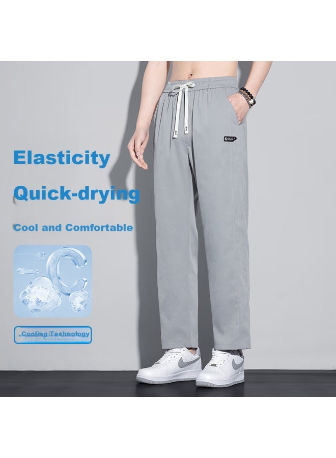 Vancamel Casual Pants For Men, Loose-fitting Youth Sports Versatile Summer Ice Silk Thin Straight-leg Trousers, Light Gray, 3XL - Image 2