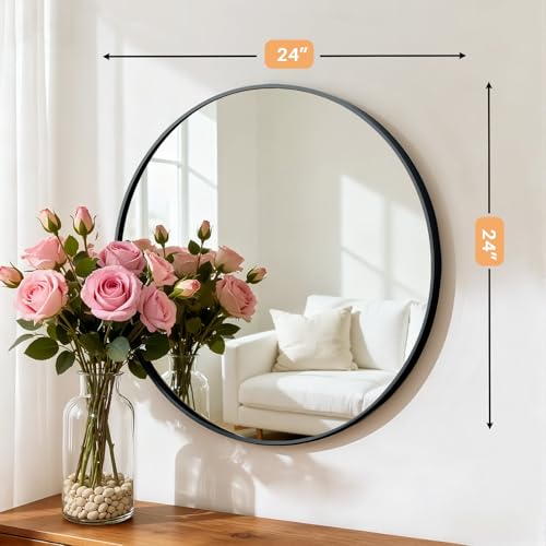 Atilioo Bathroom Mirror for Wall, 24 Inch Round Mirror, Matte Black Metal Framed Circle Vanity Mirror for Bathroom Bedroom Living Room Entryway, Anti-Rust, Tempered Glass, Hanging or Leaning - Image 3
