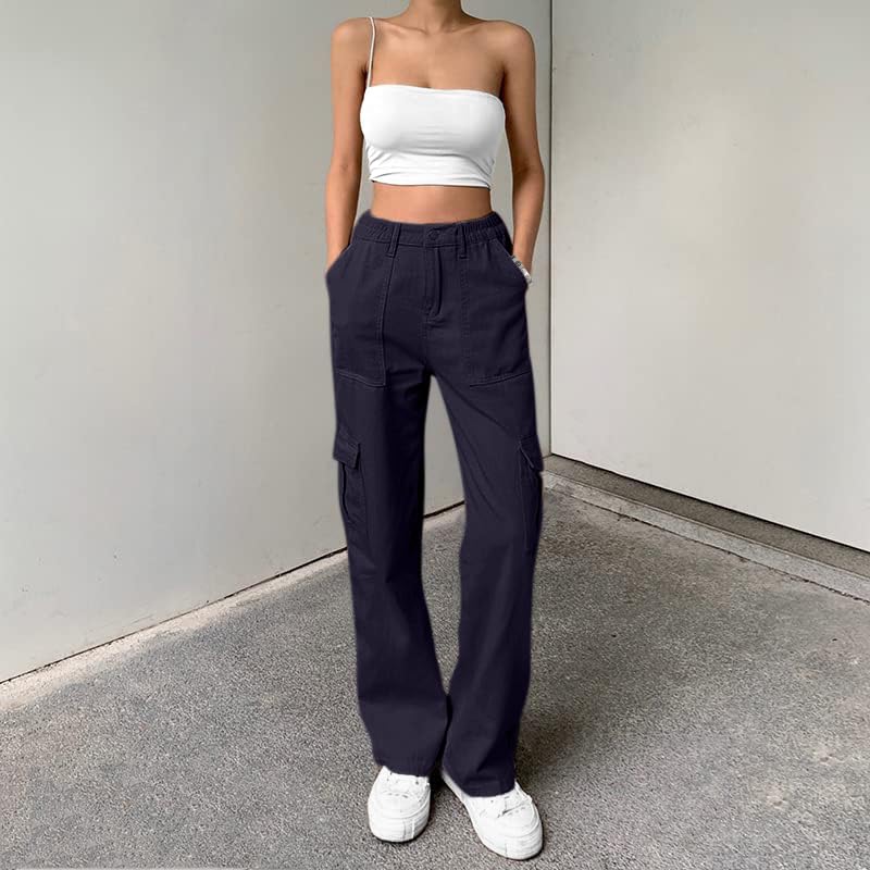 Lepunuo Pants for Women High Waisted Straight Leg Work Casual Pants Y2K Combat Military Trousers Navy Blue - Image 2