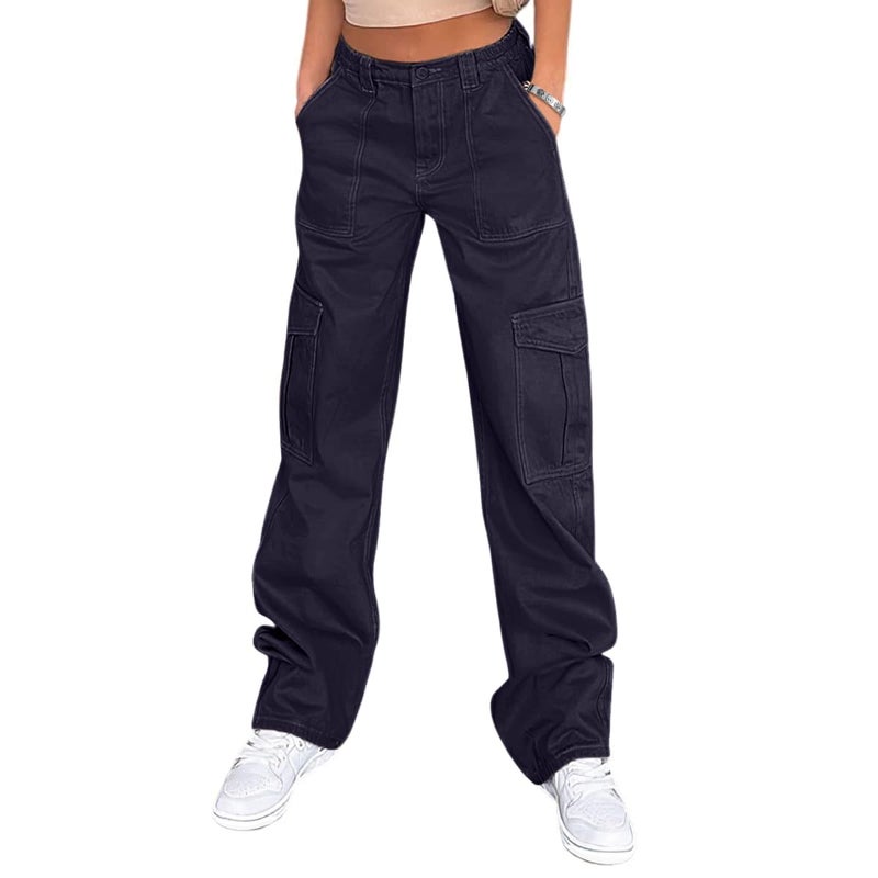 Lepunuo Pants for Women High Waisted Straight Leg Work Casual Pants Y2K Combat Military Trousers Navy Blue - Image 1