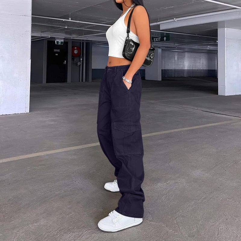 Lepunuo Pants for Women High Waisted Straight Leg Work Casual Pants Y2K Combat Military Trousers Navy Blue - Image 3