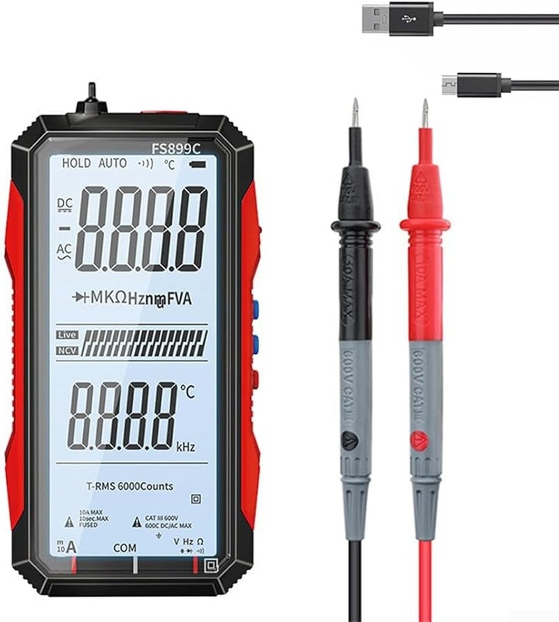 FS899C Smart Multimeter Rechargeable True RMS 6000 Counts USB C 4 8 Inch Backlit Display - Image 5