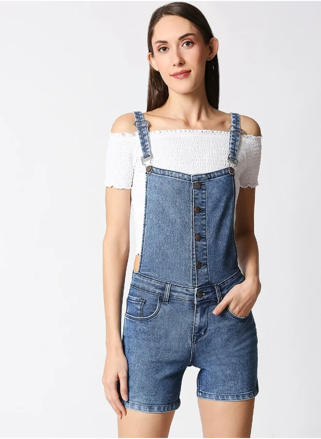 HIGH STAR Women Blue Solid Slim Fit Stretchable Denim Dungarees