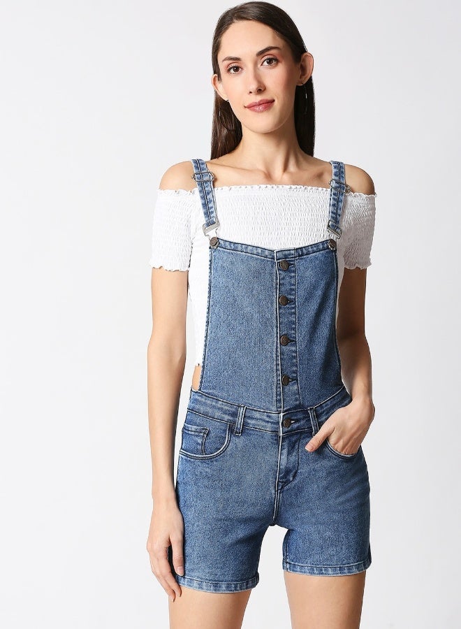 HIGH STAR Women Blue Solid Slim Fit Stretchable Denim Dungarees 