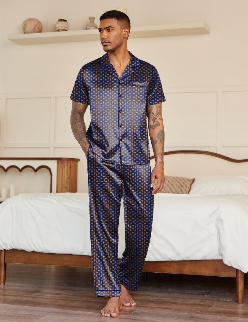 Ekouaer Mens Satin Pajama Set Short Sleeve Sleepwear Button Down Loungewear Pjs Set with Long Pants Navy Gold - Image 3