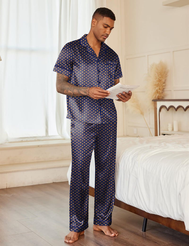 Ekouaer Mens Satin Pajama Set Short Sleeve Sleepwear Button Down Loungewear Pjs Set with Long Pants Navy Gold - Image 2