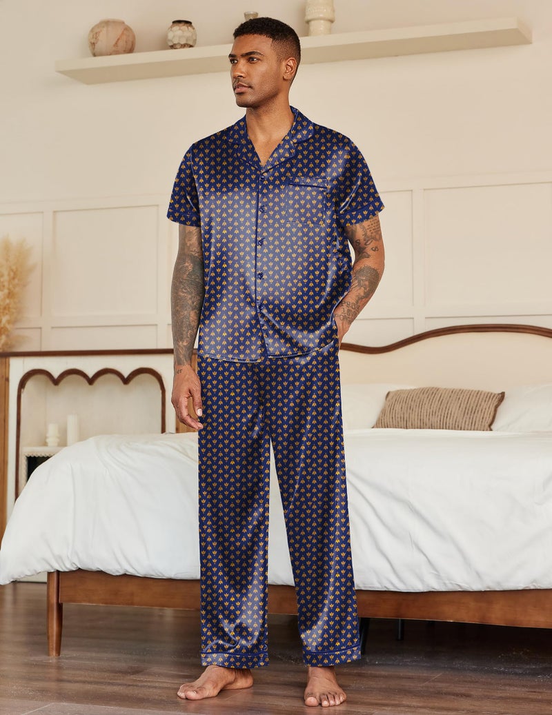 Ekouaer Mens Satin Pajama Set Short Sleeve Sleepwear Button Down Loungewear Pjs Set with Long Pants Navy Gold - Image 4