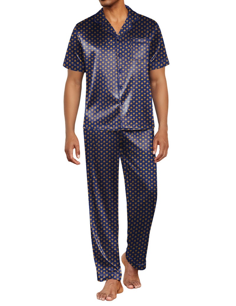 Ekouaer Mens Satin Pajama Set Short Sleeve Sleepwear Button Down Loungewear Pjs Set with Long Pants Navy Gold - Image 1