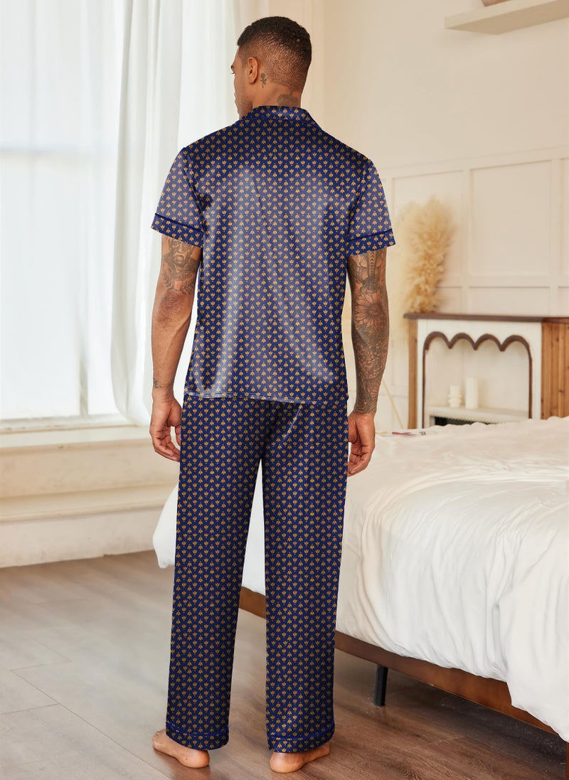 Ekouaer Mens Satin Pajama Set Short Sleeve Sleepwear Button Down Loungewear Pjs Set with Long Pants Navy Gold - Image 5