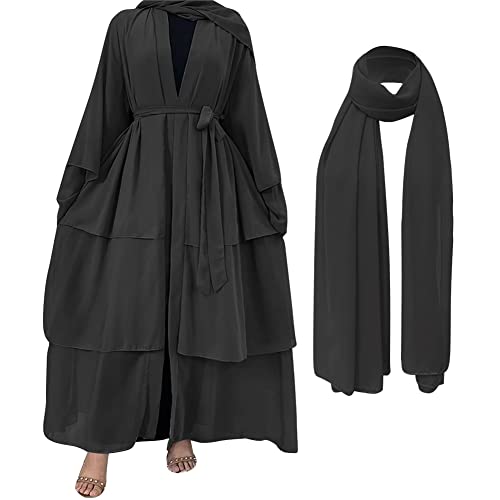 IKADEX Abayas for Women Muslim Dubai Dress Loose Fit Long Cardigan Islamic Kaftan Robe Hijab Scarf Outfits #A: Black XXL - Image 1