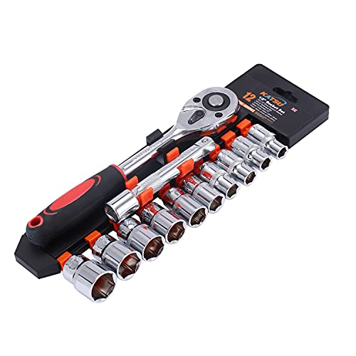 KATSU Tools 1/2 Inch Socket Set 12Pcs, 10-24mm Metric Drive with 24-Teeth Quick-Released Ratchet Wrench and 5" Extension Bar, High Grade Chrome Vanadium Steel, Auto Repairing Garage Tool 420343 - Image 1