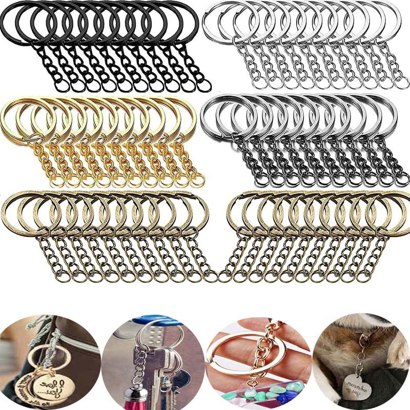 DIY Crafts DIY Crafts 5 Pcs, Silver, Split Key Ring with Chain Set, Metal Flat Keychain Rings 1 Inch with Open Jump Rings and Screw Eye Pins Bulk, for Handbag Hangers Hooks Beading J (5 Pcs, Silver)  - Image 1