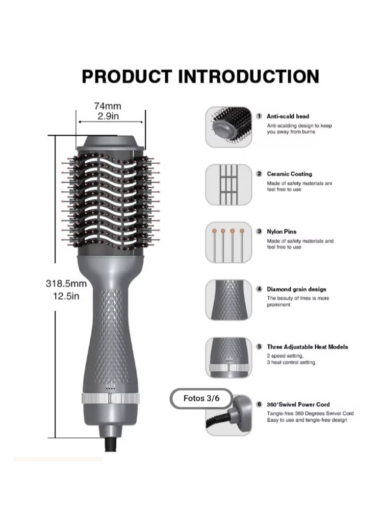 1200W Hot Air Hair Brush – 3 Heat Settings, Ceramic Coating, 360° Swivel Cord, Multifunctional Round Brush for Drying, Straightening & Curling - Image 2