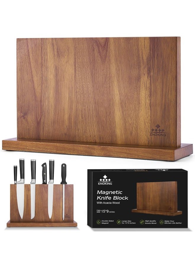 ENOKING Extra Large Magnetic Knife Block, 15.2-In Acacia Wood Knife Holder for Home Kitchen, Universal Knife Holder Stand with Strong Enhanced Magnets for Safe and Multifunctional Knife Storage - Image 1