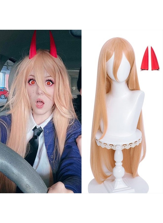 LABEAUTÉ Orange Power Cosplay Wig + Horns for Csm Anime Long Straight Halloween Party Hair Wig with Free Cap - Image 1