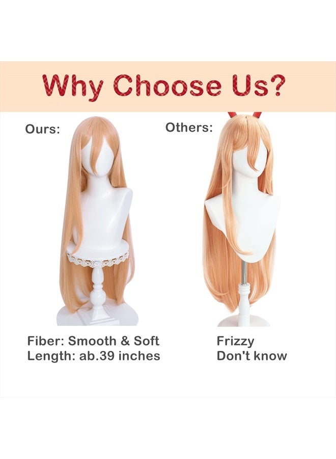 LABEAUTÉ Orange Power Cosplay Wig + Horns for Csm Anime Long Straight Halloween Party Hair Wig with Free Cap - Image 4