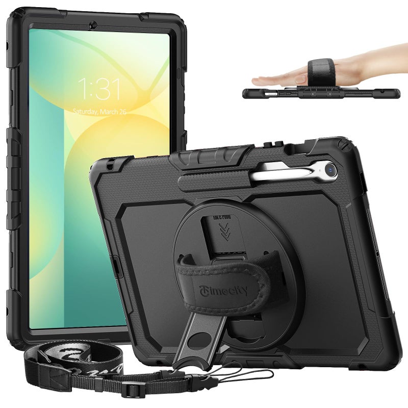 Timecity Case for Samsung Galaxy Tab S10 FE+/ S10 FE Plus 5G 2025 Protective 13.1 inch Tablet, Shockproof Heavy Duty Cover with S Pen Holder, Kickstand, Screen Protector, Hand & Shoulder Strap, Black - Image 1