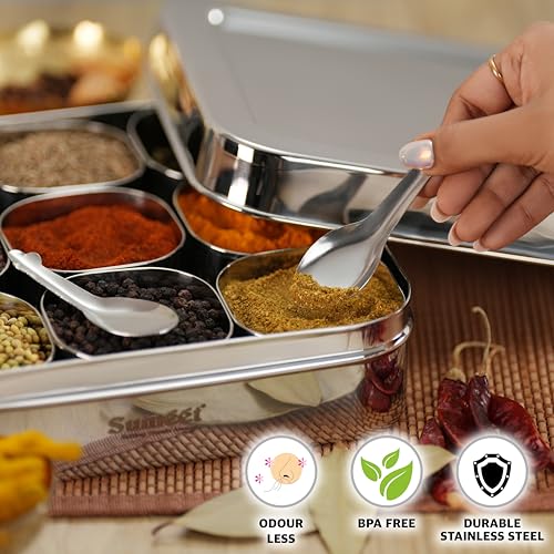 Sumeet 9 in 1 Stainless Steel Square Shape Masala/Spice Box/Dabba/Dani For Kitchen With 9 Square Bowls + Spoon, 25cm, Big - Silver - Image 5