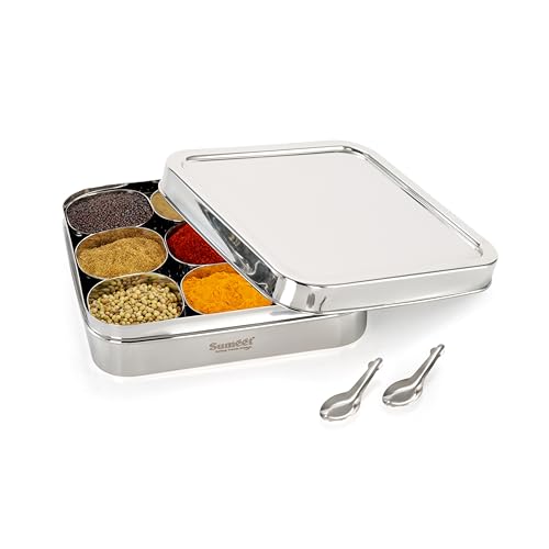 Sumeet 9 in 1 Stainless Steel Square Shape Masala/Spice Box/Dabba/Dani For Kitchen With 9 Square Bowls + Spoon, 25cm, Big - Silver - Image 1