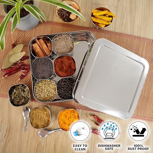 Sumeet 9 in 1 Stainless Steel Square Shape Masala/Spice Box/Dabba/Dani For Kitchen With 9 Square Bowls + Spoon, 25cm, Big - Silver - Image 3