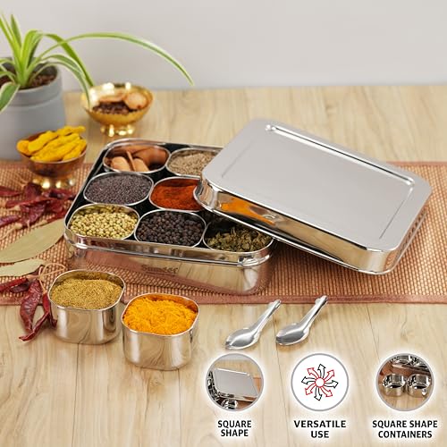 Sumeet 9 in 1 Stainless Steel Square Shape Masala/Spice Box/Dabba/Dani For Kitchen With 9 Square Bowls + Spoon, 25cm, Big - Silver - Image 2