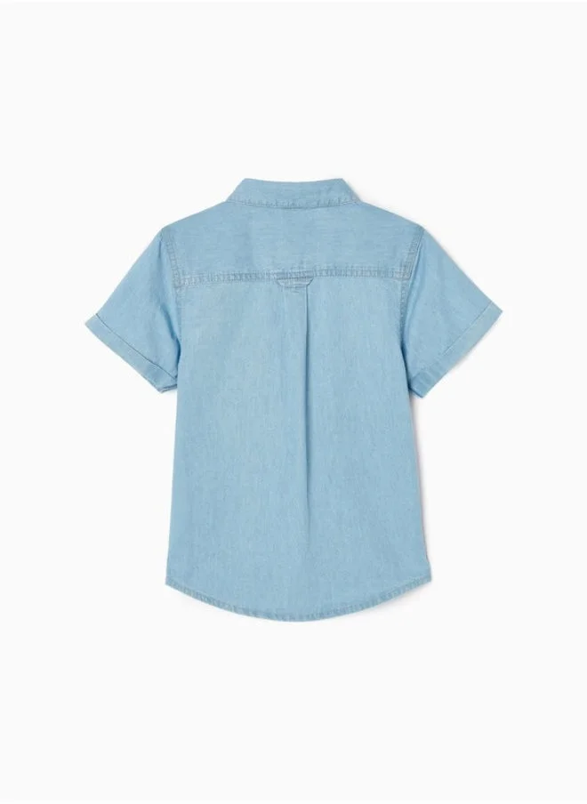 زيبي Short Sleeve Cotton Denim Shirt for Boys, Blue