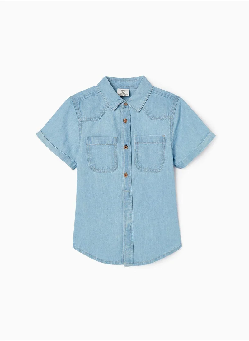 زيبي Short Sleeve Cotton Denim Shirt for Boys, Blue