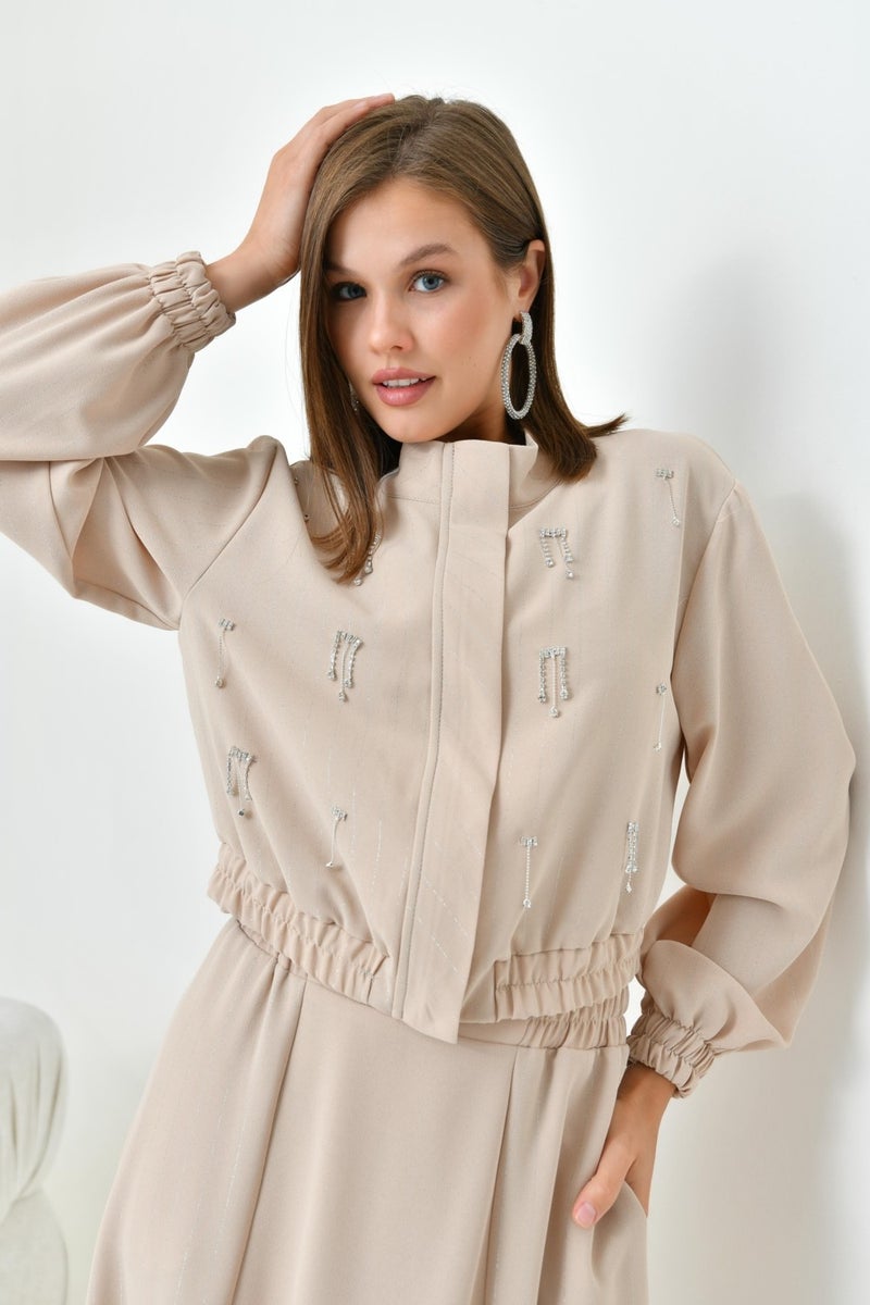Garmi Women's Glitter Crepe Skirt Suit Beige  - Image 2