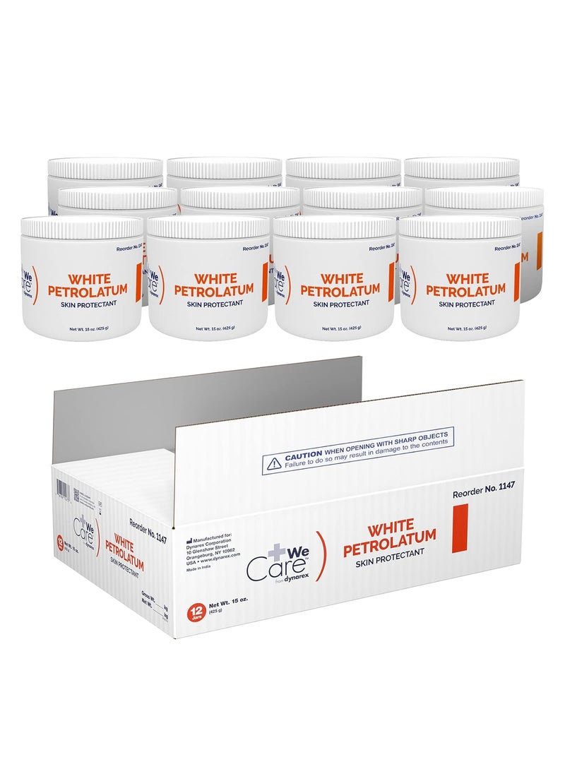 Dynarex Dynarex White Petrolatum, Petroleum Jelly for Dry, Damaged or Cracked Skin, Soothing White Petroleum Jelly for Minor Skin Irritations, 15 oz. (425g) Jars, 1 Box of 12 Petroleum Jelly Jars 