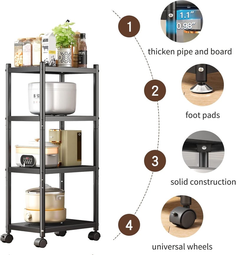 KASTWAVE Storage Shelves with Rolling Wheels, Adjustable 4 Tier Metal Shelving Unit for Storage Heavy Duty, Small Storage Rack Shelf for Corner of The Kitchen Bathroom Living Room Garage Office, Black - Image 4