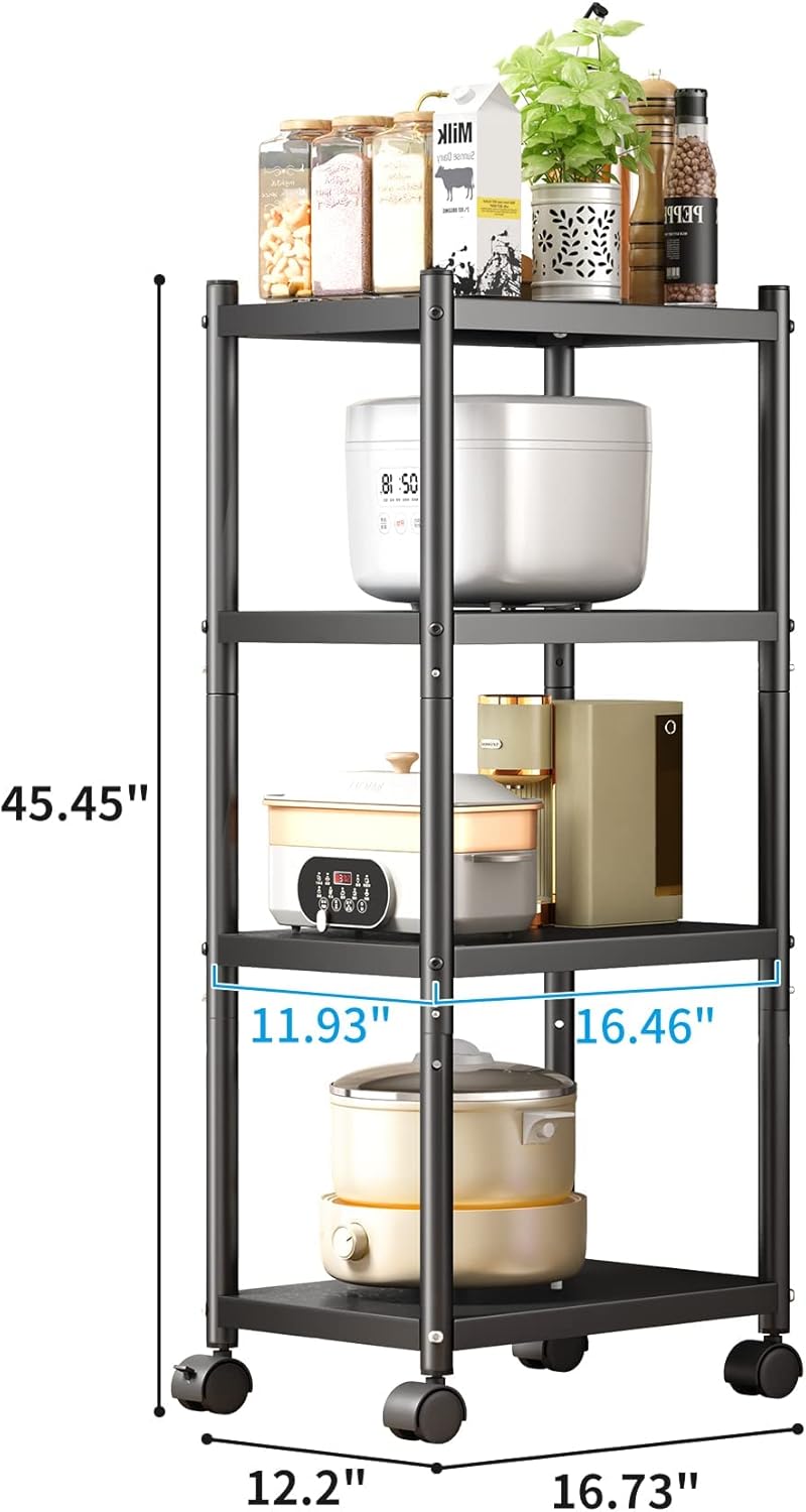 KASTWAVE Storage Shelves with Rolling Wheels, Adjustable 4 Tier Metal Shelving Unit for Storage Heavy Duty, Small Storage Rack Shelf for Corner of The Kitchen Bathroom Living Room Garage Office, Black - Image 2