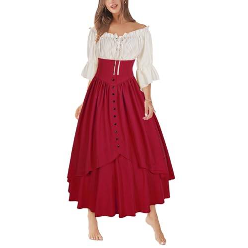 Mingyuezai Women Renaissance Costume Medieval Victorian High Waisted Button Skirt Set(L,Z2880RDST) - Image 1