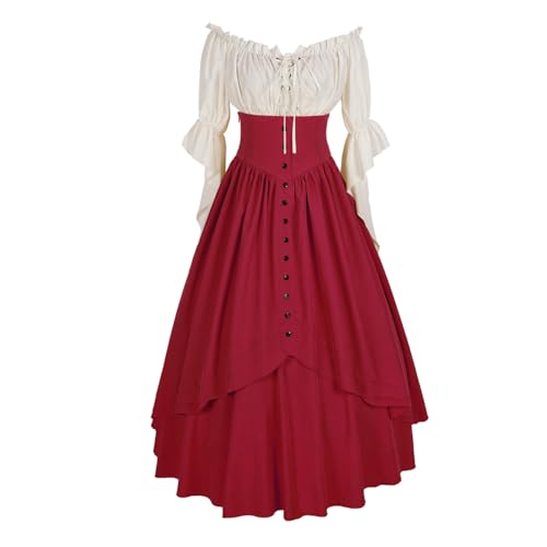 Mingyuezai Women Renaissance Costume Medieval Victorian High Waisted Button Skirt Set(L,Z2880RDST) - Image 4