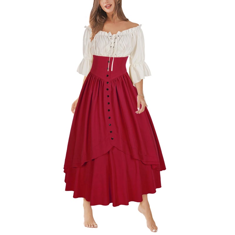 Mingyuezai Women Renaissance Costume Medieval Victorian High Waisted Button Skirt Set(L,Z2880RDST) - Image 3