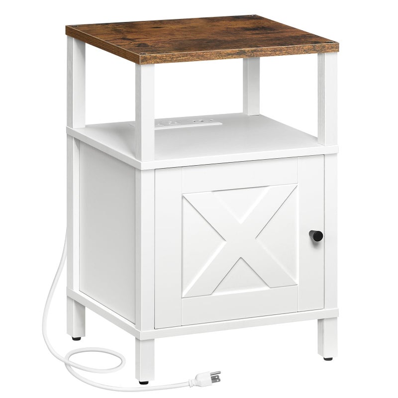 MAHANCRIS Farmhouse Nightstand with Charging Station, White Bedside Table with USB&Type-C Ports and Outlets, End Table with Storage, Night Stand for Bedroom, White and Rustic Brown ETRW96E01 - Image 1