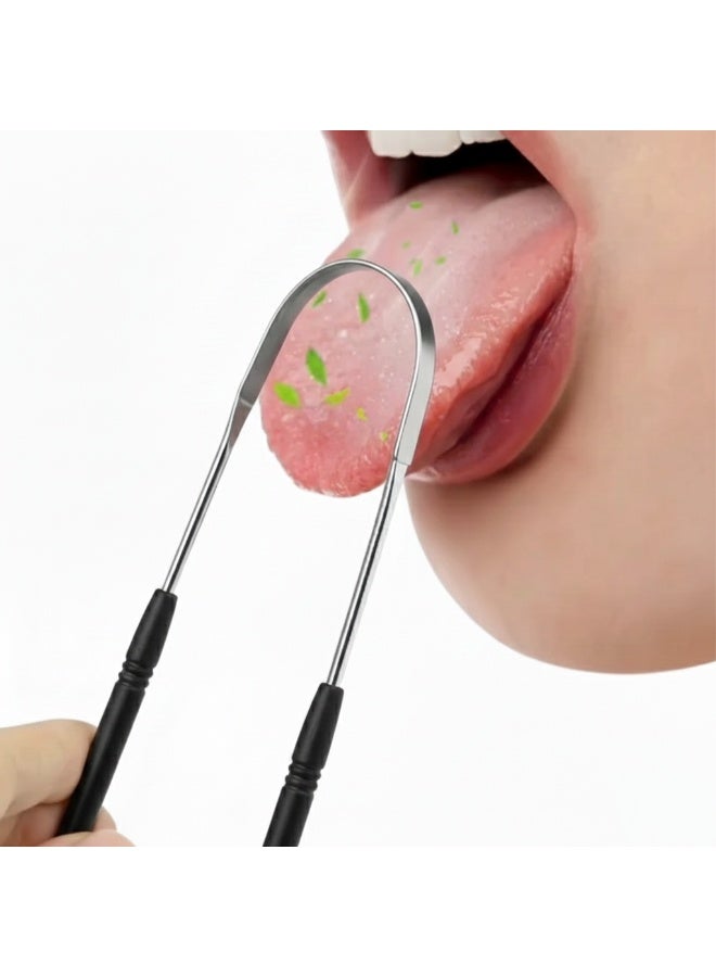 Stainless Steel Tongue Scraper & Cleaner – Fresh Breath Tool with Soft Handles (Black) - Image 2