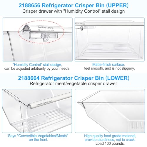 S-Union [2 Pack] Upgraded 2188656 Fridge Crisper Drawer Humidity Control Drawer UPPER & 2188664 Crisper Bin LOWER for Whirlpool Fridge Crisper Drawer,Kenmore Whirlpool Refrigerator Drawer Replacement Parts - Image 2