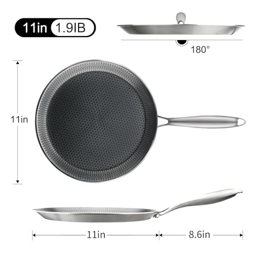 DCIGNA Nonstick Crepe Pan, 11Inch Stainless Steel Crepe Pan, Honeycomb Coating Flat Skillet Tawa Dosa Tortilla Omelet Griddle Pan, PFOA Free, Induction Compatible - Image 2